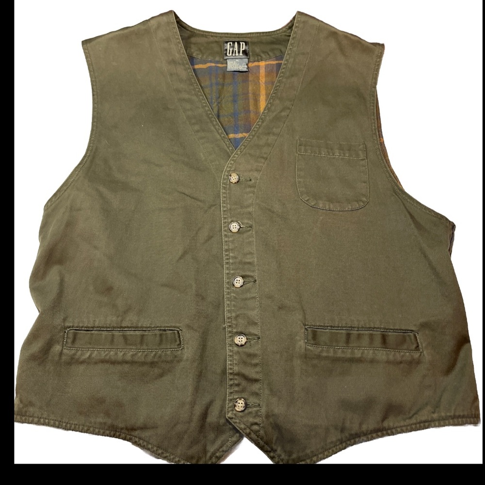 Gap Plaid Flannel 90s Lined ARMY GREEN Canvas VEST Men XL cotton Waistcoat Lined